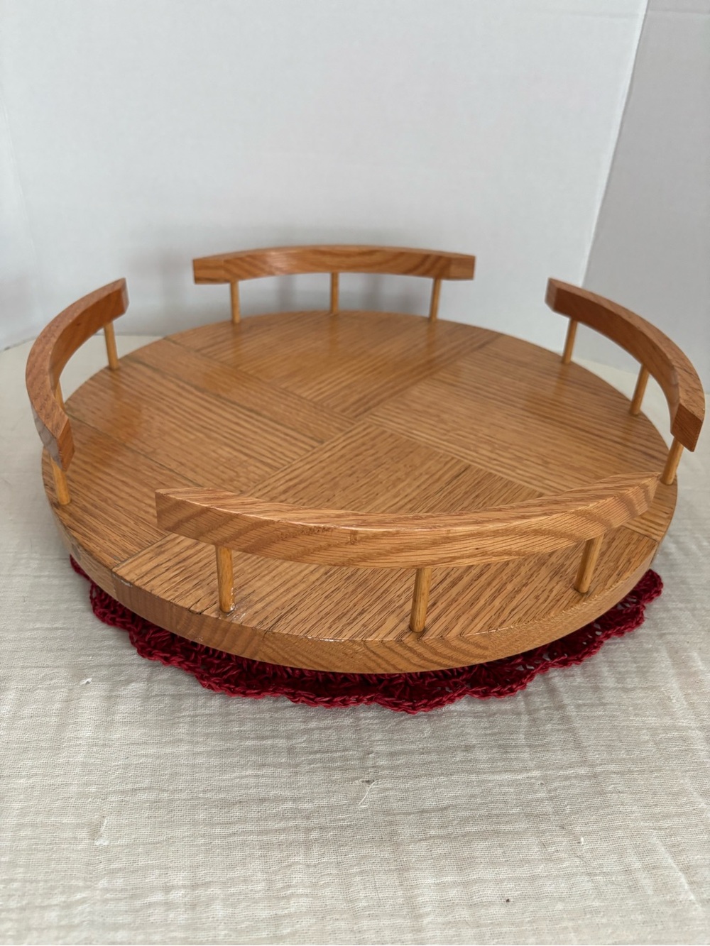 Wooden Rotating Round Serving Tray with Raised Rails - Natural Oak